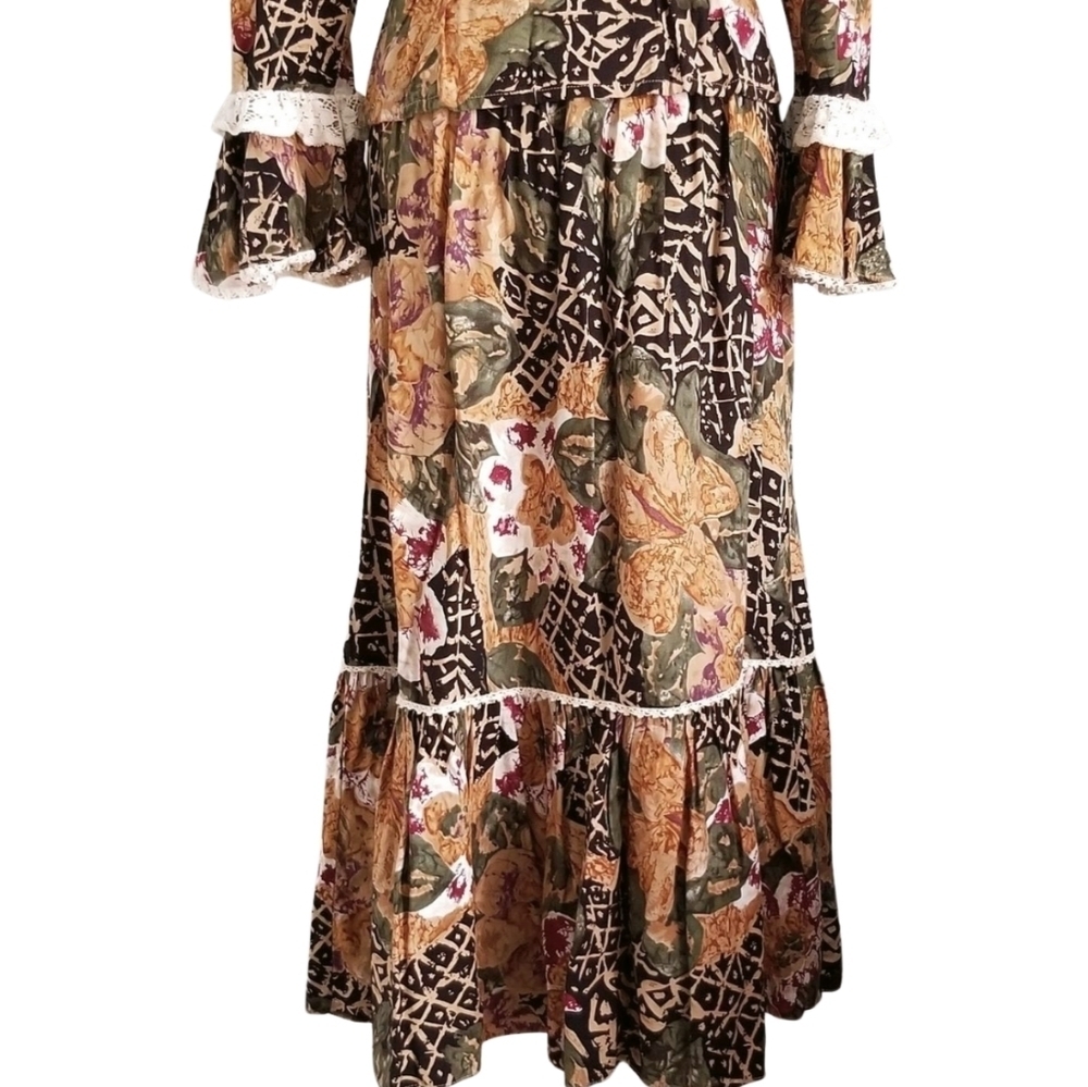 🇨🇦 90s Vintage Earthy Tones Dark Floral Tiered Corset Skirt With Lace Details - Picture 4 of 6